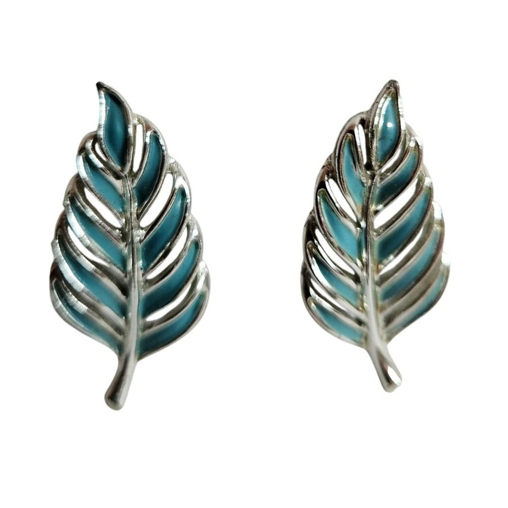 Vintage Emmons Silver-tone & Blue Enamel Leaf Clip-On Earrings 1 Inch Long